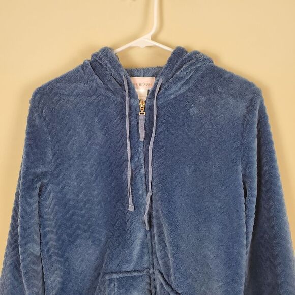 Stan Herman Blue Chevron Soft Plush Zip Up Hooded Jacket Size medium - Picture 2 of 6